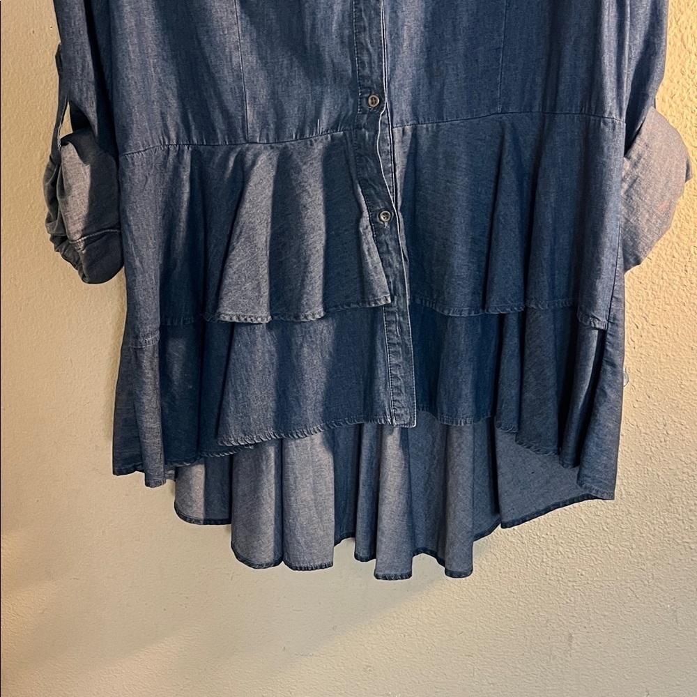 Simply Emma Blue Button-Up Ruffle Top - Picture 5 of 8
